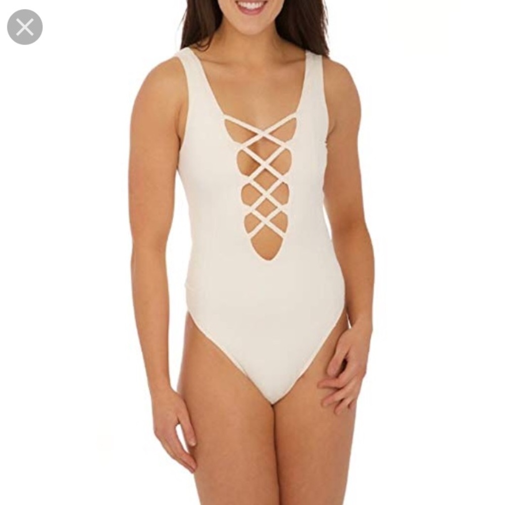 WHITE CORSET LACEUP V-NECK ONE-PIECE SWIMSUIT